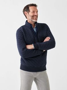 Epic Quilted Fleece Pullover - Navy Melange | Faherty Brand Winter Half-zip Sweater For Layering, Winter Half-zip Tops For Layering, Winter Layering Half-zip Sweater, Navy Half-zip Sweatshirt For Fall, Navy Half-zip Winter Sweatshirt, Winter Fleece Tops For Layering, Casual Half-zip Sweater For Layering, Winter Fleece Sweatshirt For Layering, Casual Long Sleeve Fleece Jacket For Layering