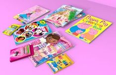 several children's books on a pink background with peppa pig and peppa pig