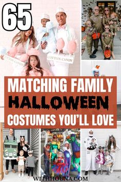 halloween costumes for adults and children with text overlay reading matching family halloween costumes you'll love