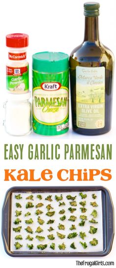 ingredients to make homemade garlic parmesan kale chips on a baking sheet with text overlay