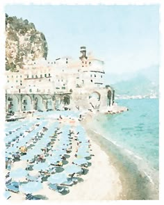 an image of a beach scene with umbrellas on the sand and buildings in the background