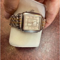 Authentic Michele Watch With Diamonds Inside The Face, And Mother Of Pearl. This Watch Hasn’t Been Used It Was A Gift. Beautiful Piece Swiss Movement. Just A Lovely Piece 2-Tone 18 K Gold Plating With Silver Stainless Steel. Square Watches, Michele Watch, Michele Watches, Square Watch, Gold Plating, Accessories Watches, Mother Of Pearl, Womens Watches, The Face