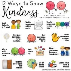 the 12 ways to show kindness in english and spanish, with pictures of different kinds of balloons