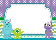 two monsters are standing in front of an empty sign with polka dots on the background