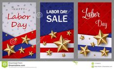 labor day sale banners with gold stars on red, white and blue background stock photo