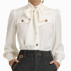 Beautiful - Nwt Zimmermann Blouse. Gold Buttons On Front And On Sleeves. Tie Can Be Removed. 100% Silk Designer Collared Office Blouse, Designer Collared Blouse For Workwear, Designer Collar Blouse For Work, Designer White Button-up Blouse, Elegant Tie Neck Shirt For Workwear, Designer White Blouse For Work, Luxury White Collared Blouse, Designer Button-up Office Blouse, Designer Office Tops With Buttons