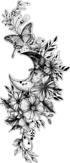 a drawing of a crescent with flowers and butterflies on it's side, in black and white