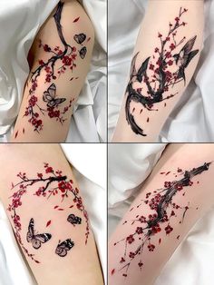 four different pictures of tattoos with flowers and butterflies on the arm, leg and thigh