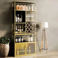 a wine rack with bottles and glasses on it next to a lamp in a living room