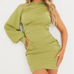 Sage Green One Sleeve Ruched Woven Bodycon Dress, Size Uk 12 / Us 8 / Medium. Brand New With Tags. One Sleeve Dress, Ruched Bodycon Dress, Pretty Little Thing, Midi Dress With Sleeves, Woven Dress, Mini Dress With Sleeves, 15 Dresses, Wearing Dress, Sage Green