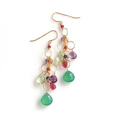 Colorful gemstone chandelier earrings. - Green Onyx, Green Amethyst, Dark Pink Tourmaline and Amethyst gemstones- 2.75" long- French Hooks- 14k gold plated .925 fine Italian sterling silver- Made in the USA in our NYC studio- Packaged in a gift box- Free shipping on US orders Handmade to last. Our unique gold plating technique makes our jewelry tarnish resistant. The nature of natural gemstones makes each style one-of-a-kind. Gemstone Chandelier, Rainbow Gemstones, Unique Nature, Gemstone Jewelry Handmade, Pink Gemstones, Blue Quartz, 925 Silver Jewelry, Green Amethyst, Green Onyx