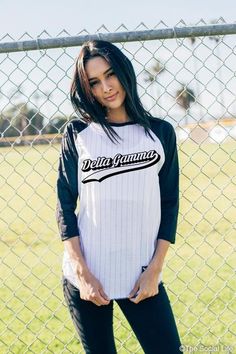 The baseball raglan - an instant classic in black and white. Featuring a pinstripe body with your organizations name across the chest and contrasting raglan sleeves. 3/4 length baseball style sleeves Unisex Fit 100% Premium Poly Cotton Made in California Philanthropy Shirts, Sorority Merch, Gamma Phi Beta, Alpha Delta Pi, Alpha Delta, Baseball Design, Gamma Phi, Phi Mu, Sigma Kappa