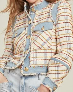 Denim Ideas, Creation Couture, Couture Tops, Plaid Jacket, Denim Design, High Fashion Street Style, Casual Fall Outfits