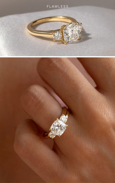 two different views of an engagement ring, one with three stones on top and the other with