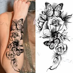 a woman's arm with flowers and butterflies on it