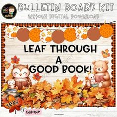 a bulletin board with an image of two owls and leaves in the background, text reads leaf through a good book