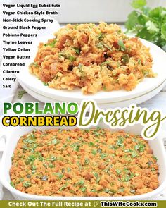 Easy Tex-Mex holiday casserole combining smoky poblano chiles with toasted cornbread! 🌶️ Poblano Cornbread, Egg-free Recipes, Cornbread Stuffing Recipes, Holiday Casseroles, Cornbread Stuffing, Vegan Holiday Recipes, Homemade Cornbread, Hearty Casseroles, Cornbread Dressing