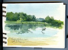 a watercolor painting of a lake with trees in the background and a bird flying over it