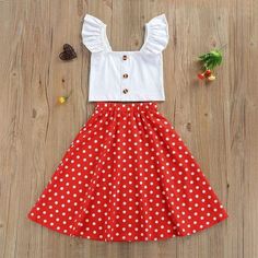 Girl's Clothing 2T Shirts+Polka Dot Printed A-Line Skirt Playful White Skirt With Ruffles, Summer Polka Dot Skirt With Elastic Waistband, Playful White Cotton Skirt, Playful White Fitted Skirt, Cute Red Ruffled Skirt, Cute White Skirt With Elastic Waistband, Cute Fitted Red Skirt, Red Polka Dot Skirt Outfit, Polka Dot Skirt Outfit