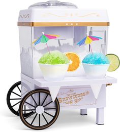 an ice cream cart with two scoops of frozen drinks