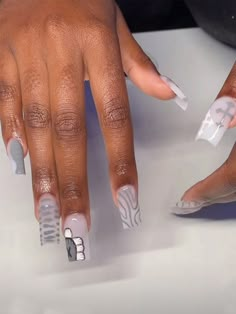 Grey  Collar   Plants Color Nails,3D Nails Embellished   Nail,Hand & Foot Care Trendy Nail Art Black And White, Nail Designs Graphic, 2024 Summer Short Nails, Square Squiggly Nails, Nail Inspo Trendy 2024 Square, Kaw Nails, Grey And White Nails, Grey Nails Design, Grey Acrylic Nails