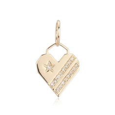 14K Heart Charm With Star And Stripe Detail -14K Yellow Gold -14K Solid Gold -G-H Color, SI1 Diamonds -0.10 ctw -21mm x 12mm (includes 7mm bale) -Each item comes beautifully in our signature bow jewelry box -Made with love in NYC♡ Diamond Charms With Diamond Accents For Gifts, Diamond Charms Jewelry For Valentine's Day, Valentine's Day Diamond Jewelry With Charms, Valentine's Day Diamond Charms Jewelry, Valentine's Day Heart Pendant Jewelry With Star Charm, Valentines Day Jewelry, Jewelry Cleaning, Heart Shaped Pendant Necklace, Gold G