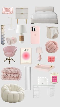 a collage of pink and white items including a bed, chair, desk, lamp, phone