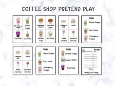 the coffee shop pretend play game is shown on a marble background with four different cups