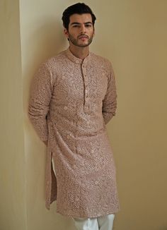 Rust Mauve Kurta Set Mens Contrast by Parth Chikankari Suits Men, Mens Chikankari Kurta Designs, Kurti Designing, Chikankari Kurta For Men, Kurta Designs Men's, Wedding Kurta, Chikankari Embroidery