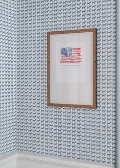 a white toilet sitting in a bathroom next to a wall with an american flag on it