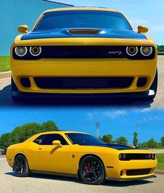 the front and side view of a yellow car in two different pictures, one with black stripes