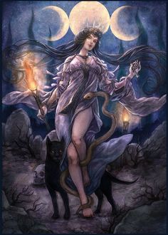 a painting of a woman holding a candle and standing next to a black cat in front of the moon