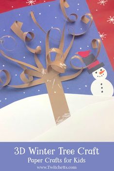 a paper tree that is made to look like a snowman and has the words winter tree craft on it