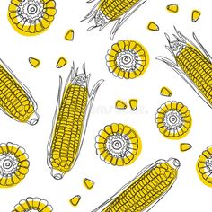 corn on the cob in yellow and white colors with other vegetables around it royalty illustration