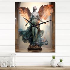 an angel statue with two swords in front of it on a wall above a table