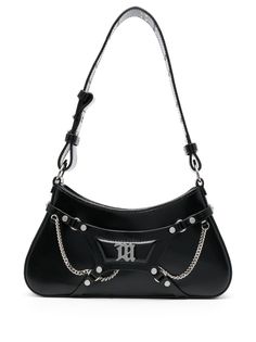 black silver-tone hardware adjustable shoulder strap eyelet embellishment chain-link detailing logo plaque top zip fastening Silver Bag With Metal Logo For Everyday Use, Silver Bags With Logo Hardware For Formal Occasions, Formal Silver Shoulder Bag With Logo Hardware, Formal Silver Bags With Logo Hardware, Luxury Silver Bag With Logo Hardware, Silver Leather Bags With Logo Hardware, Modern Silver Shoulder Bag With Logo Hardware, Elegant Silver Shoulder Bag With Logo Hardware, Designer Silver Bags With Logo Hardware