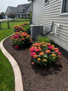 a flower bed with flowers in front of a house and an air conditioner on the side