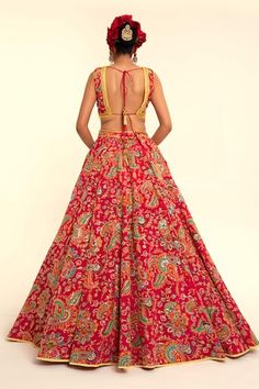 Red sleeveless blouse with paisley printed thread and lace border embroidery. Paired with coordinating lehenga and yellow embroidered dupatta. - Aza Fashions Festive Paisley Print Sets, Red Fitted Sleeveless Lehenga, Red Silk Kalamkari Print Sets, Red Silk Sets With Kalamkari Print, Red Kalamkari Print Choli With Traditional Drape, Red Bollywood Lehenga With Kalamkari Print, Red Kalamkari Print Wedding Sets, Red Kalamkari Print Choli For Wedding, Red Fitted Choli With Kalamkari Print