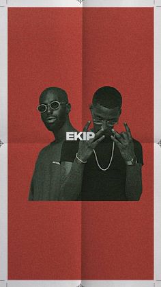 two men standing next to each other in front of a red and white background with the words eikip on it