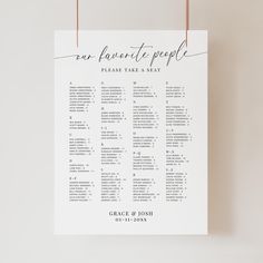 Display your wedding seating plan with our "Our Favorite People" seating chart sign template. This elegant and minimal signage is perfect for wedding receptions or rehearsal dinners, helping guests find their seats quickly and easily. The alphabetical order layout makes it simple for guests to find their name and table number allocation. View matching items here: https://etsy.me/4dM2E6d * Access your digital template instantly. * Customize easily with Canva, a free browser-based program. * Edit Minimal Signage, Minimal Elegant Wedding, Drink Favors, Alphabetical Seating Chart, Seating Chart Sign, Elegant Wedding Reception, Seating Plan Wedding, Alphabetical Order, Wedding Rehearsal Dinner