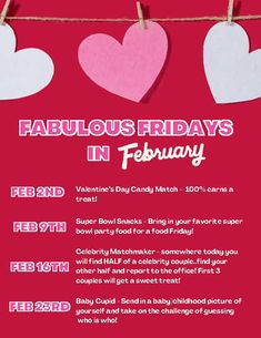 a valentine's day flyer with hearts hanging from clothes pins