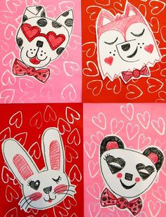 four different colored pictures with hearts and animals