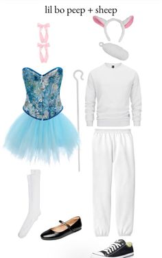 the costume is blue and white with pink ears on top, an undershirt, shoes