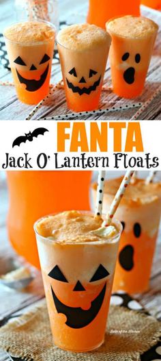 halloween drinks with pumpkin faces and jack o'lanterns on the top are ready to be eaten