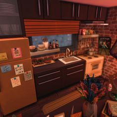 the kitchen is decorated in brown and pink