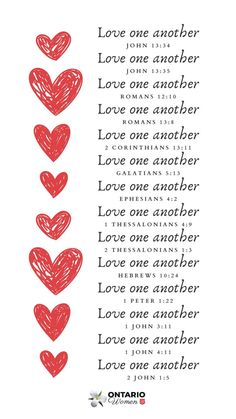 the words love one another are drawn in red and black on a white background with hearts