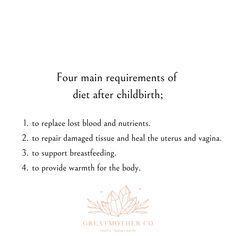 a white card with the words four main requirementss of diet after children