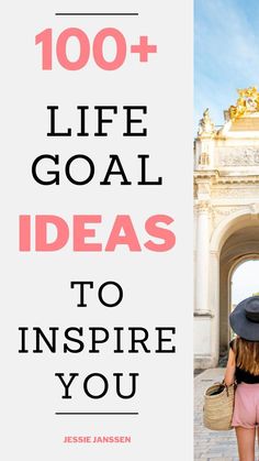 a woman in pink shorts and black hat with the words 100 life goal ideas to inspire you