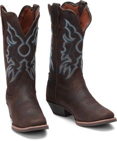 Rich stitching lends signature contrast while delicate broguing adds timeless flair. Inside, the J-Flex Flexible Comfort System� with removable orthotic insert provides comfort. The wide square toe, rubber outsole, and long base riding heel make this an i Women's Work Boots, Womens Work Boots, Justin Boots, Western Cowgirls, Best Western, Work Boots, Western Boots, Accessories Shop, Brandy