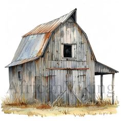 an old barn is painted in watercolor and has rusted tin on the roof